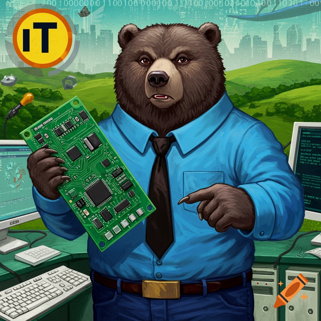 An anthropomorphic bear IT professional in a computer lab holding a circuit board.