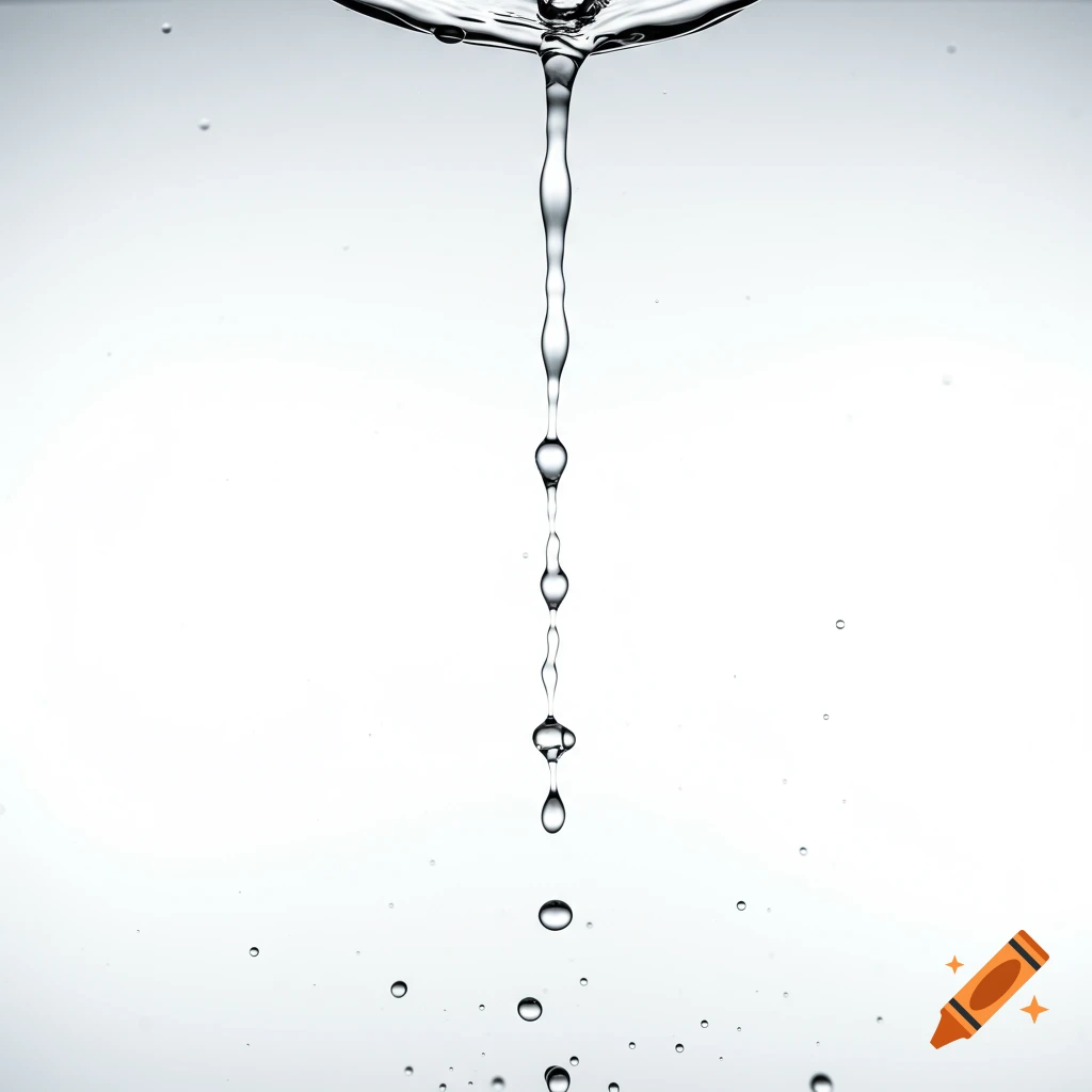 A stream of water drips downwards against a white background, forming droplets and splashes.