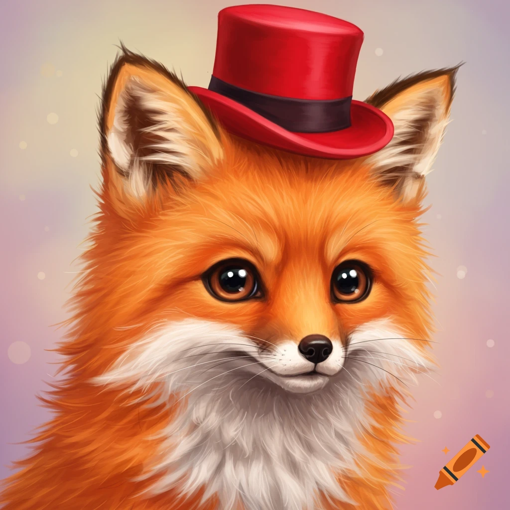 A cute portrait of a fox wearing a red top hat