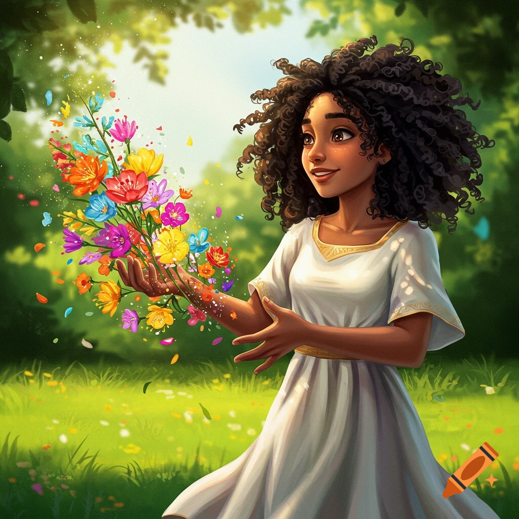 An illustration of a young woman in a field releasing a burst of colorful flowers from her hand.