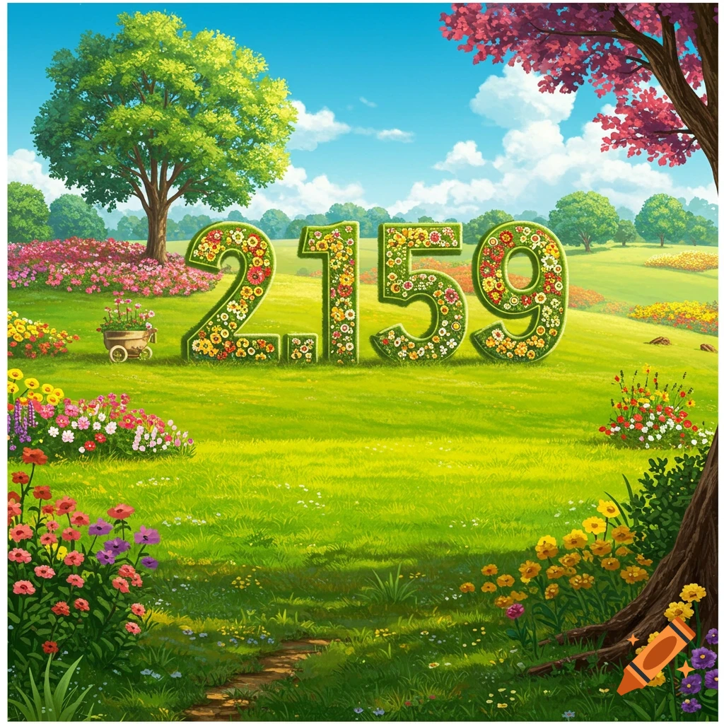 Large floral numbers '2.159' in a vibrant garden landscape with trees and a sunny sky.