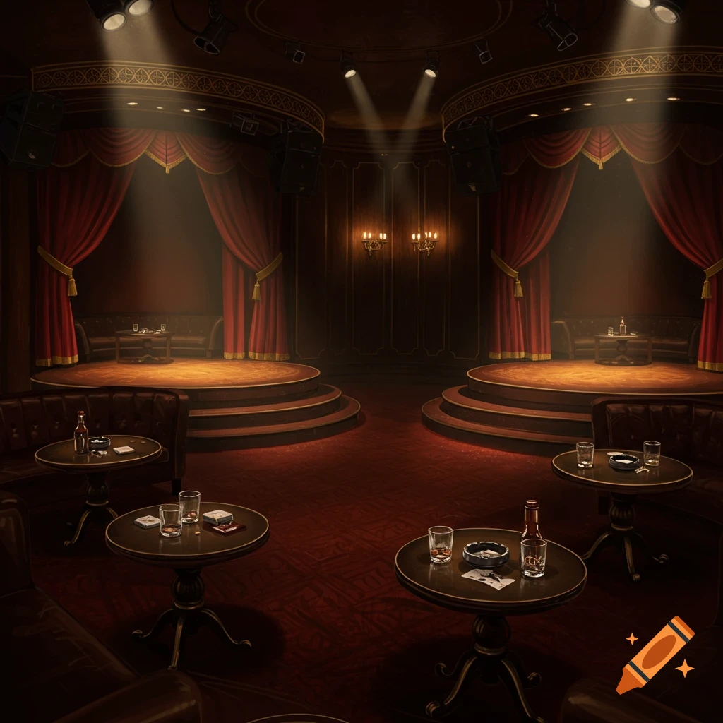 An empty gentleman's club with two circular stages and seating areas.