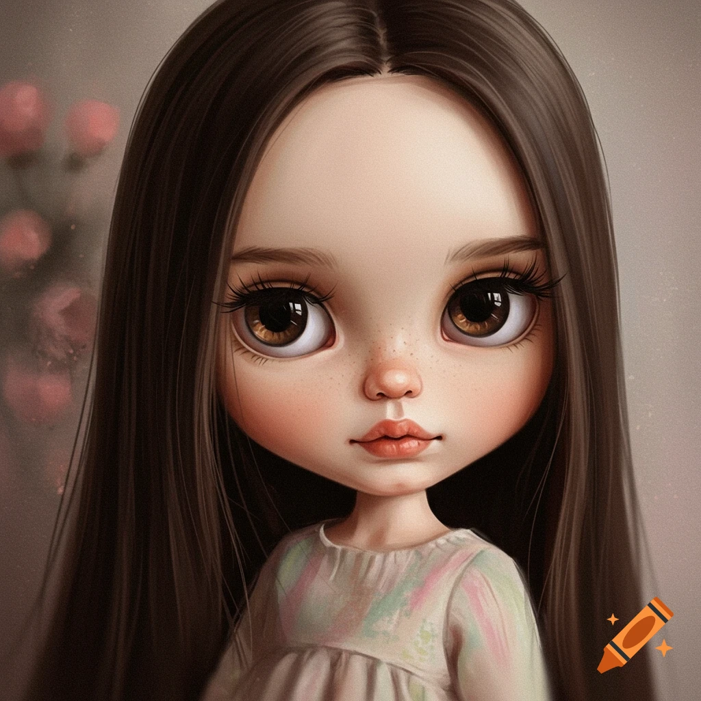 Digital portrait of a doll with long brown hair, big eyes, and freckles