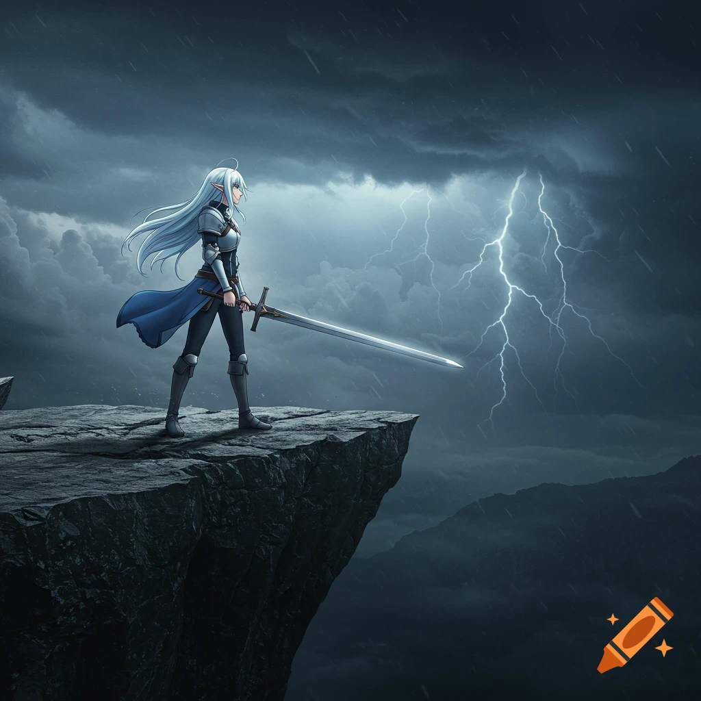 Anime character in armor holding a sword on a cliff during a stormy lightning strike.