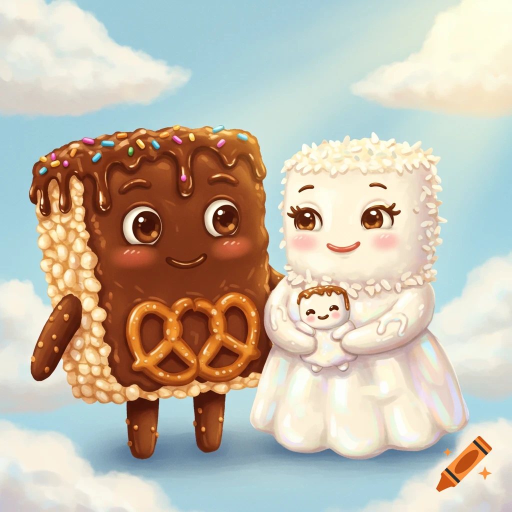 Cartoon rice crispy treat father and marshmallow mother hold a ...