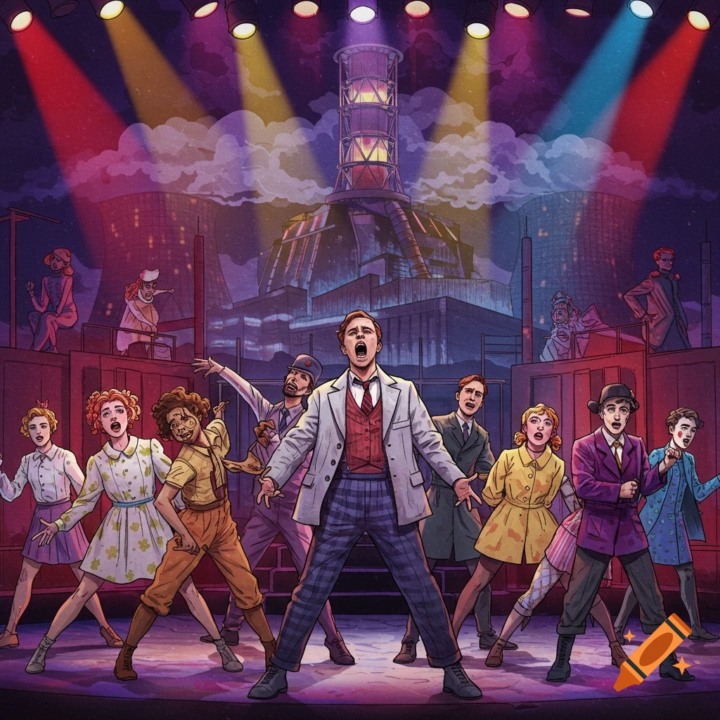 Illustration of a stage musical with performers in front of a backdrop depicting the Chernobyl power plant.