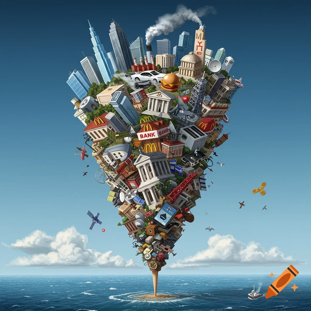 A surreal illustration of a chaotic tower made of modern buildings, vehicles, and objects rising from the sea.