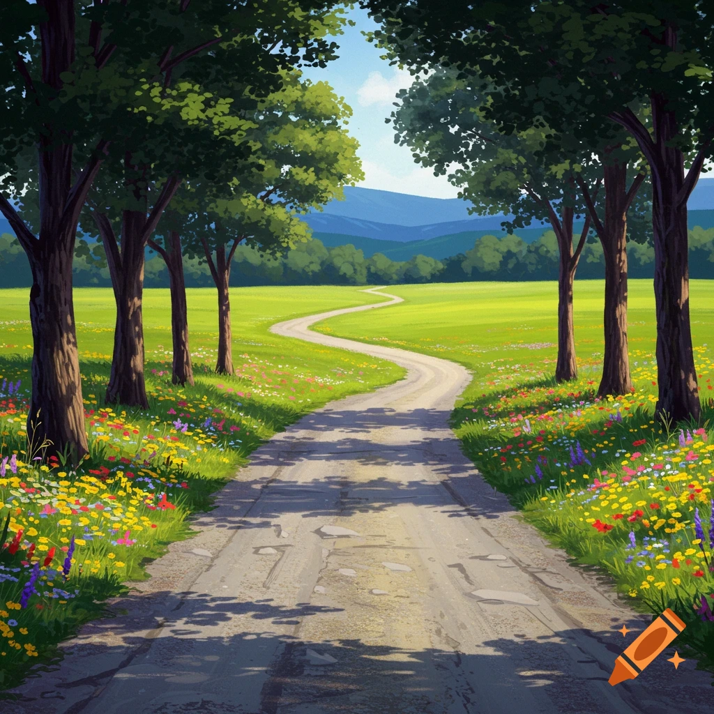 A winding dirt road through a green field with wildflowers, lined by trees, with mountains in the distance. Painterly style.