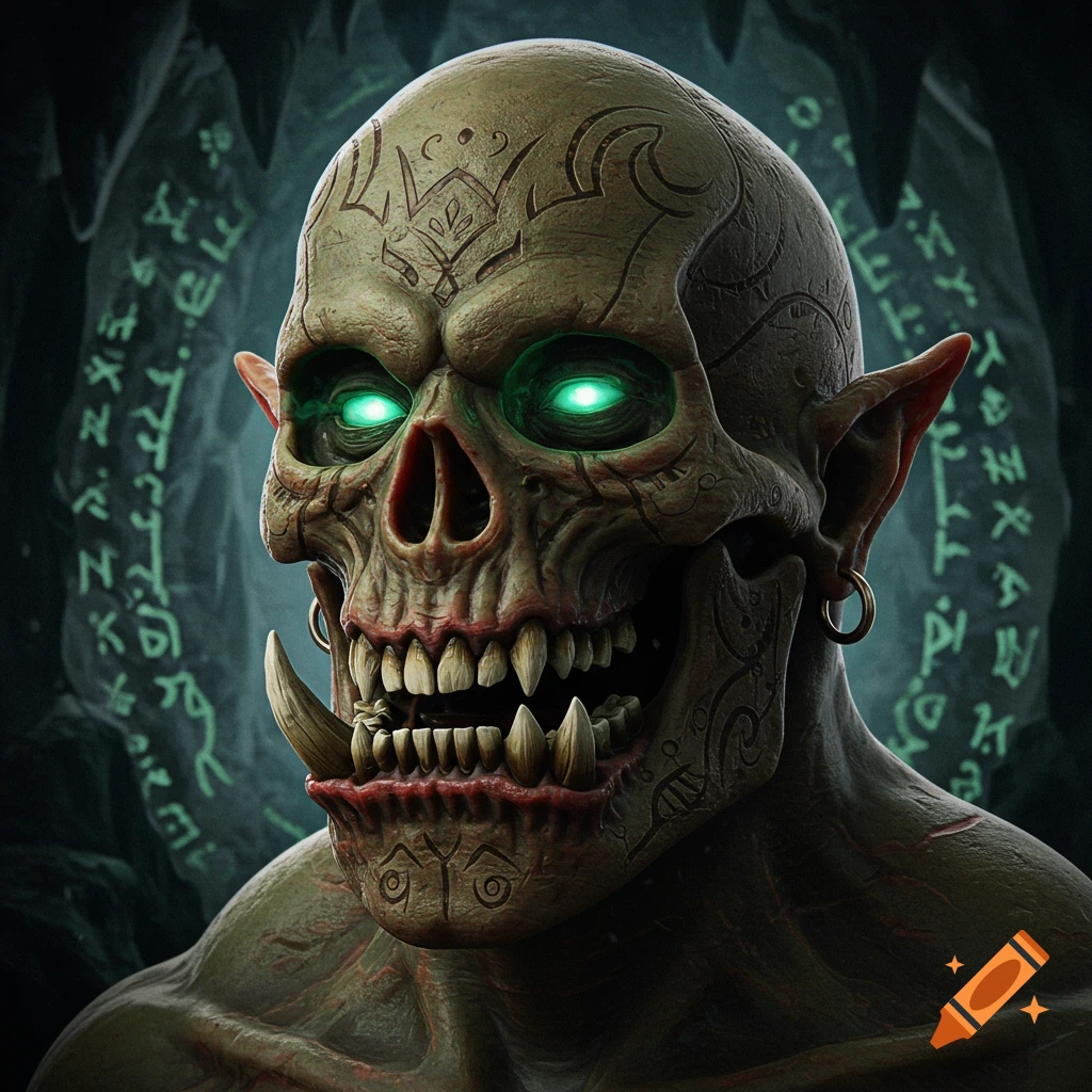 Close-up of a skull-faced orc with glowing green eyes, fangs, tribal markings, in a cave with glowing runes.