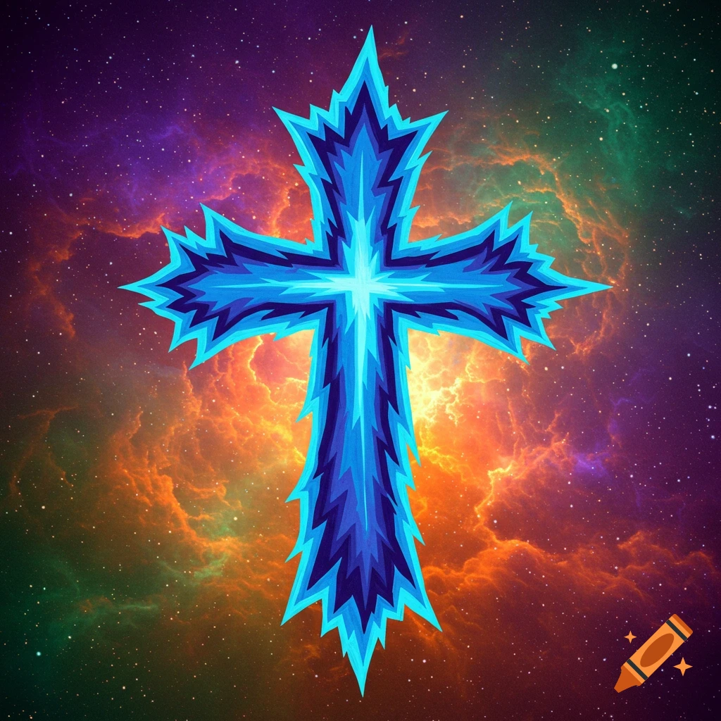 A stylized blue cross against a colorful purple, orange, and green nebula background with stars.
