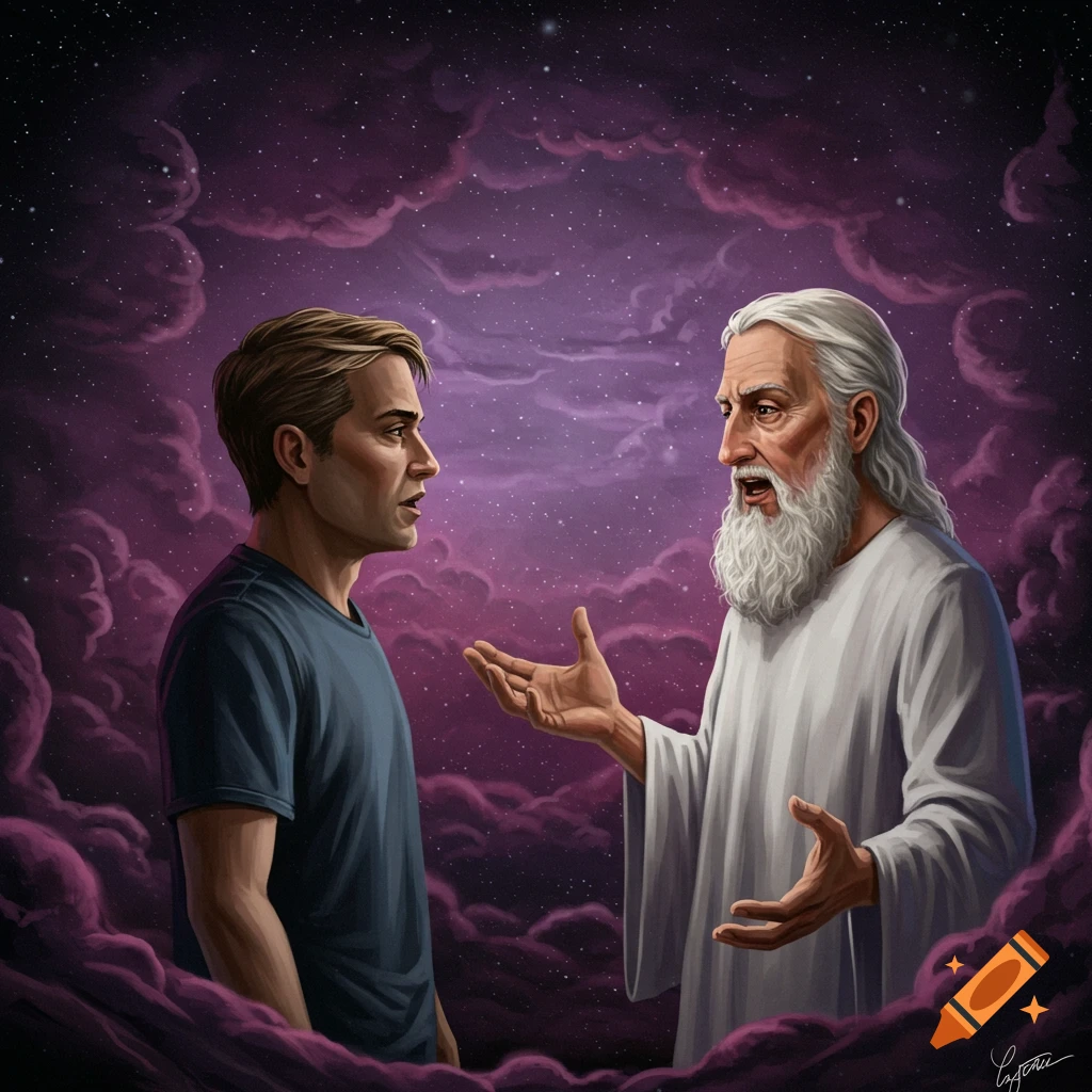Illustration of a younger man talking to an older man with a beard in a cosmic sky with purple clouds.