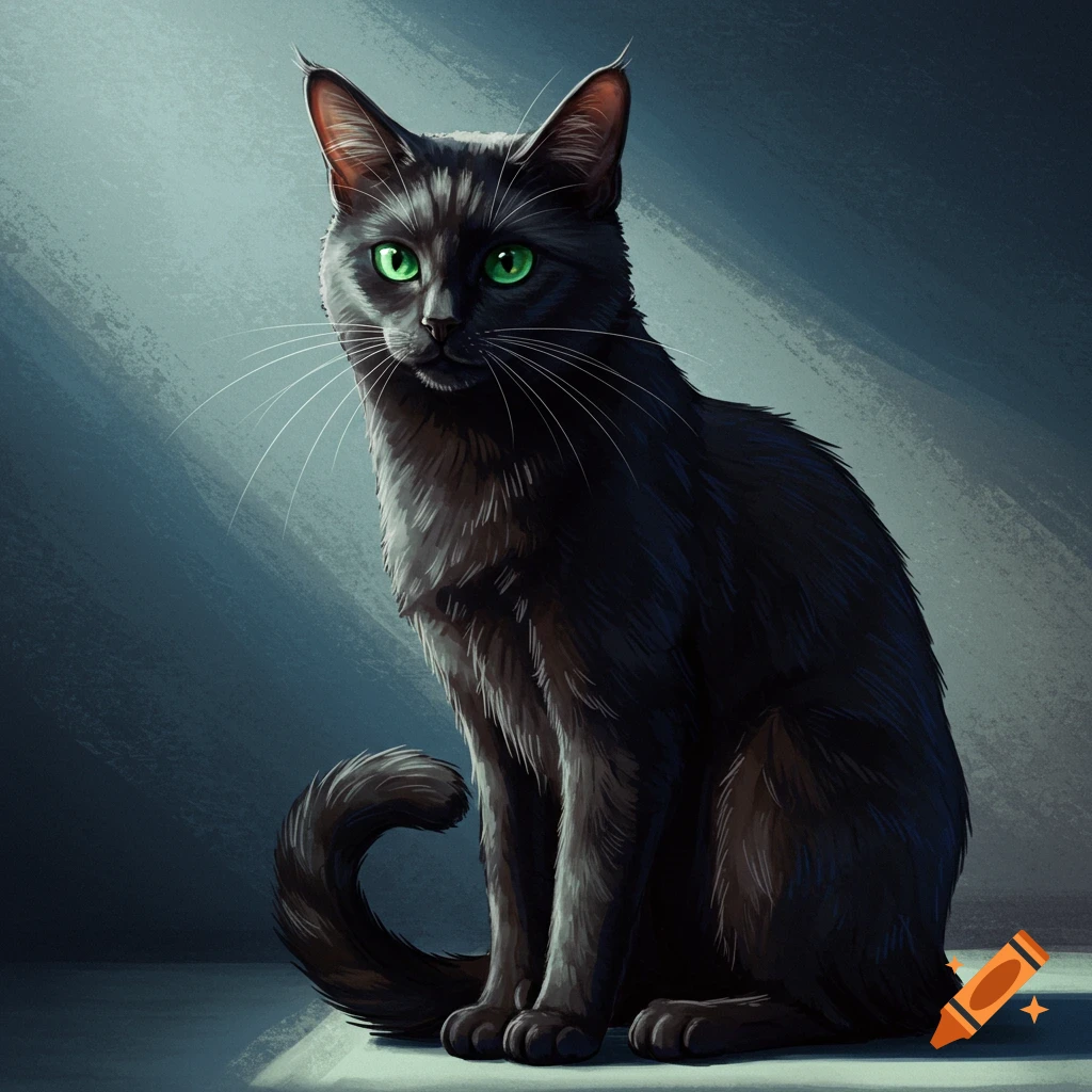 Digital illustration of a black cat with green eyes sitting in shadow