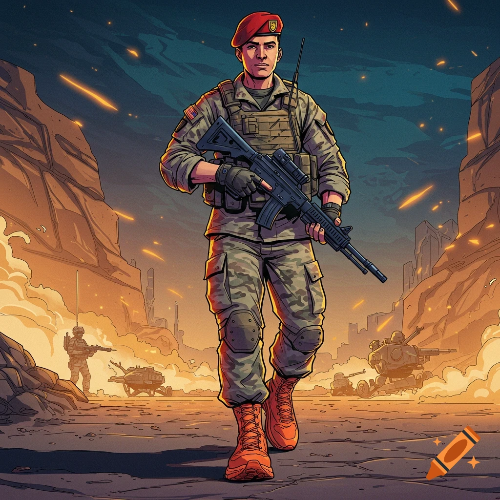 Stylized illustration of a soldier walking through a ruined, smoky landscape holding a rifle.