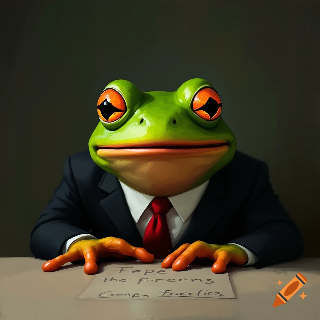 Anthropomorphic frog in a suit and tie sits at a table with illegible text.
