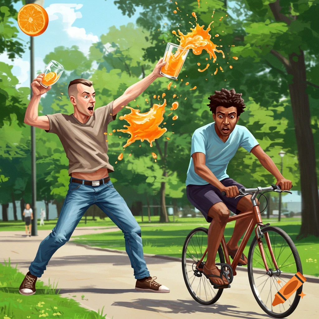Man throws orange juice at a man riding a bicycle in a park, illustration style.