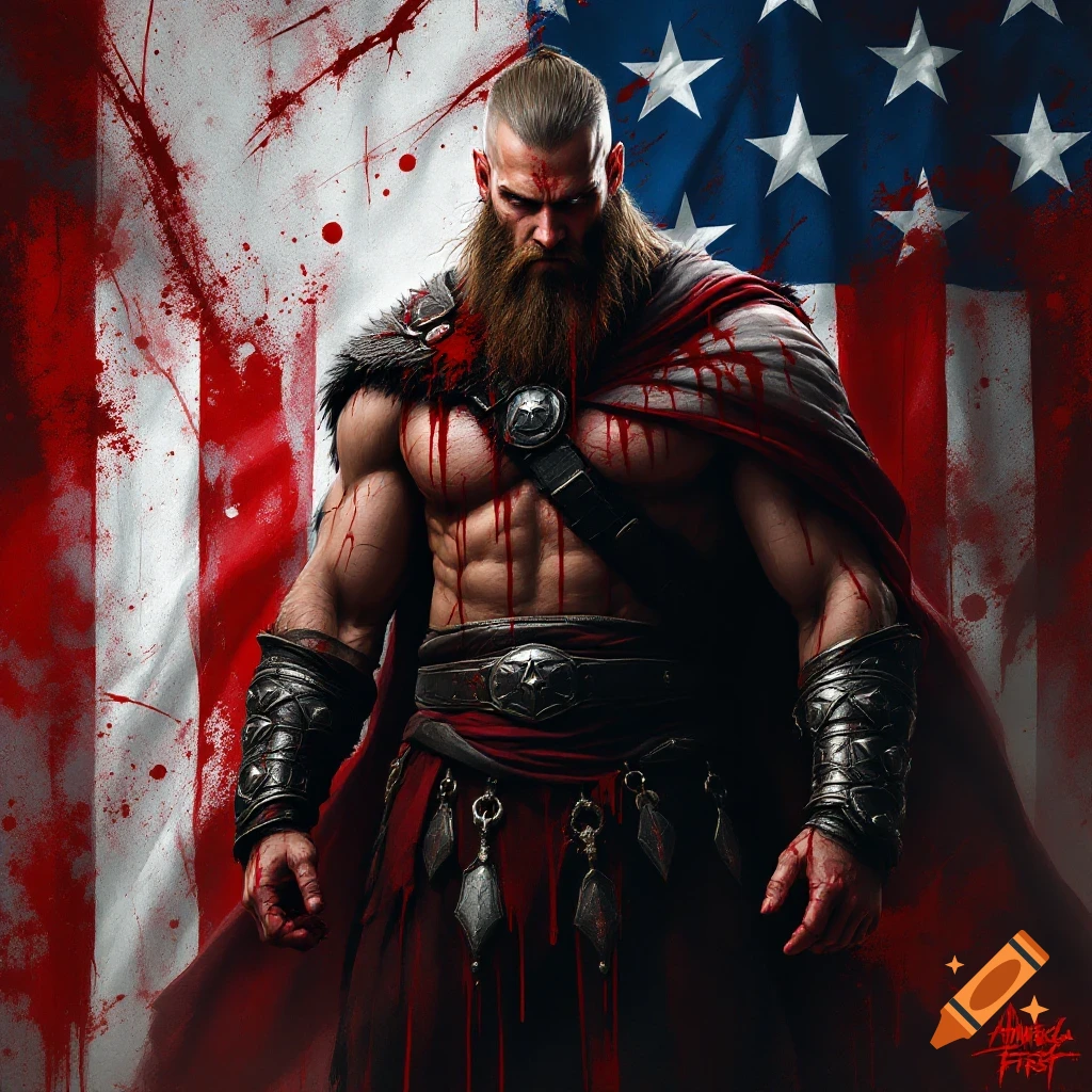 Muscular warrior figure standing in front of a bloody American flag, digital art.