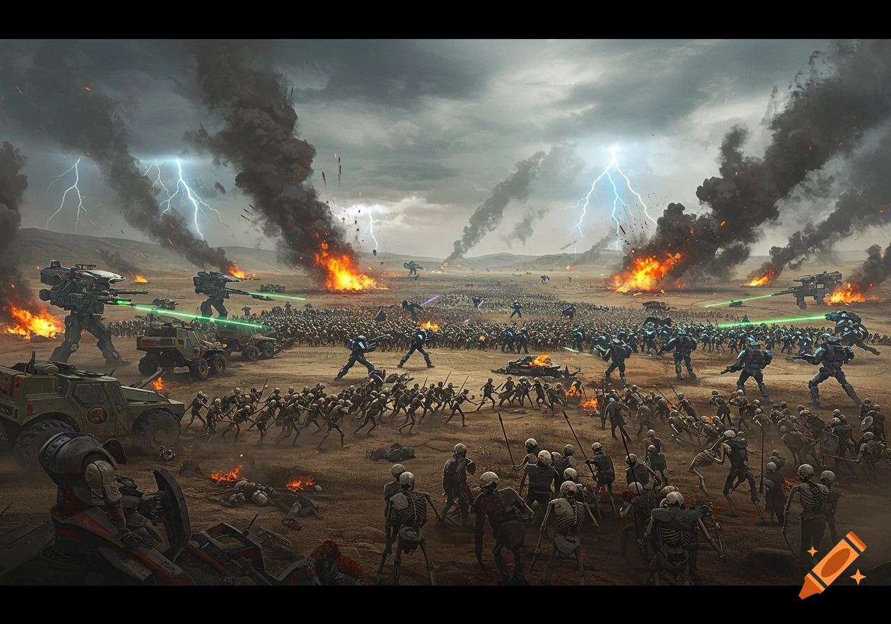 Epic battle between skeleton army and robot mechs in a desolate landscape with fire and lightning.