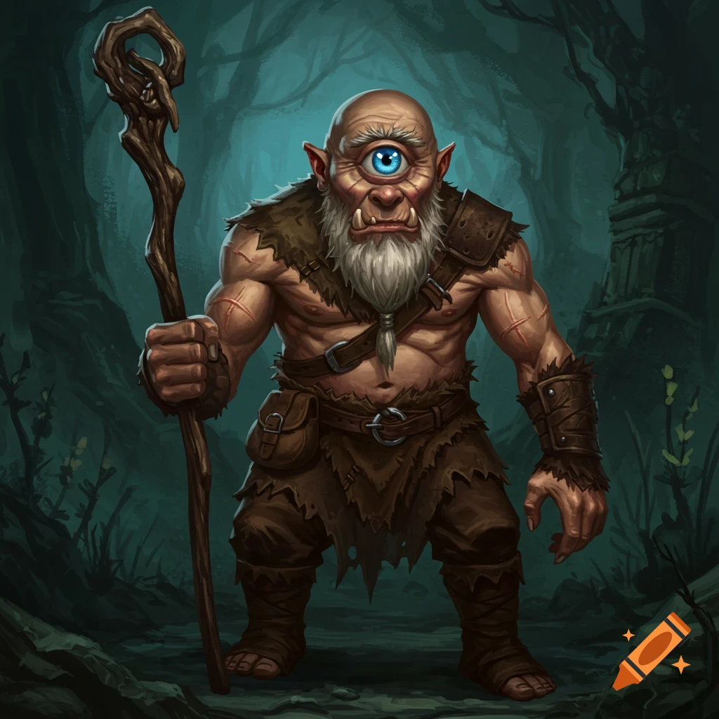 A detailed illustration of a cyclops with a staff in a forest.