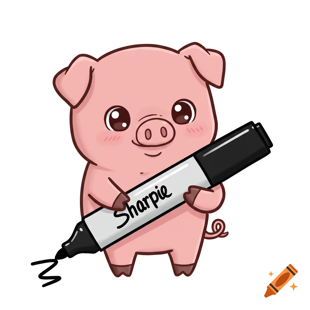 A cute chibi cartoon pig holds a black Sharpie marker.