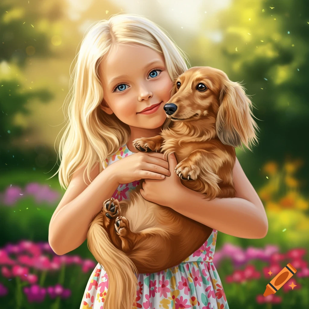 A blonde girl holds a long-haired miniature dachshund in a sunny garden.