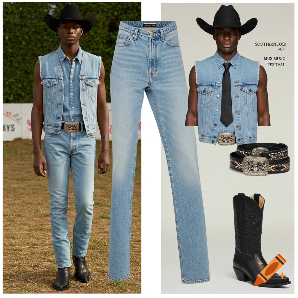 A black man in a cowboy hat, denim vest, and jeans stands outdoors.
