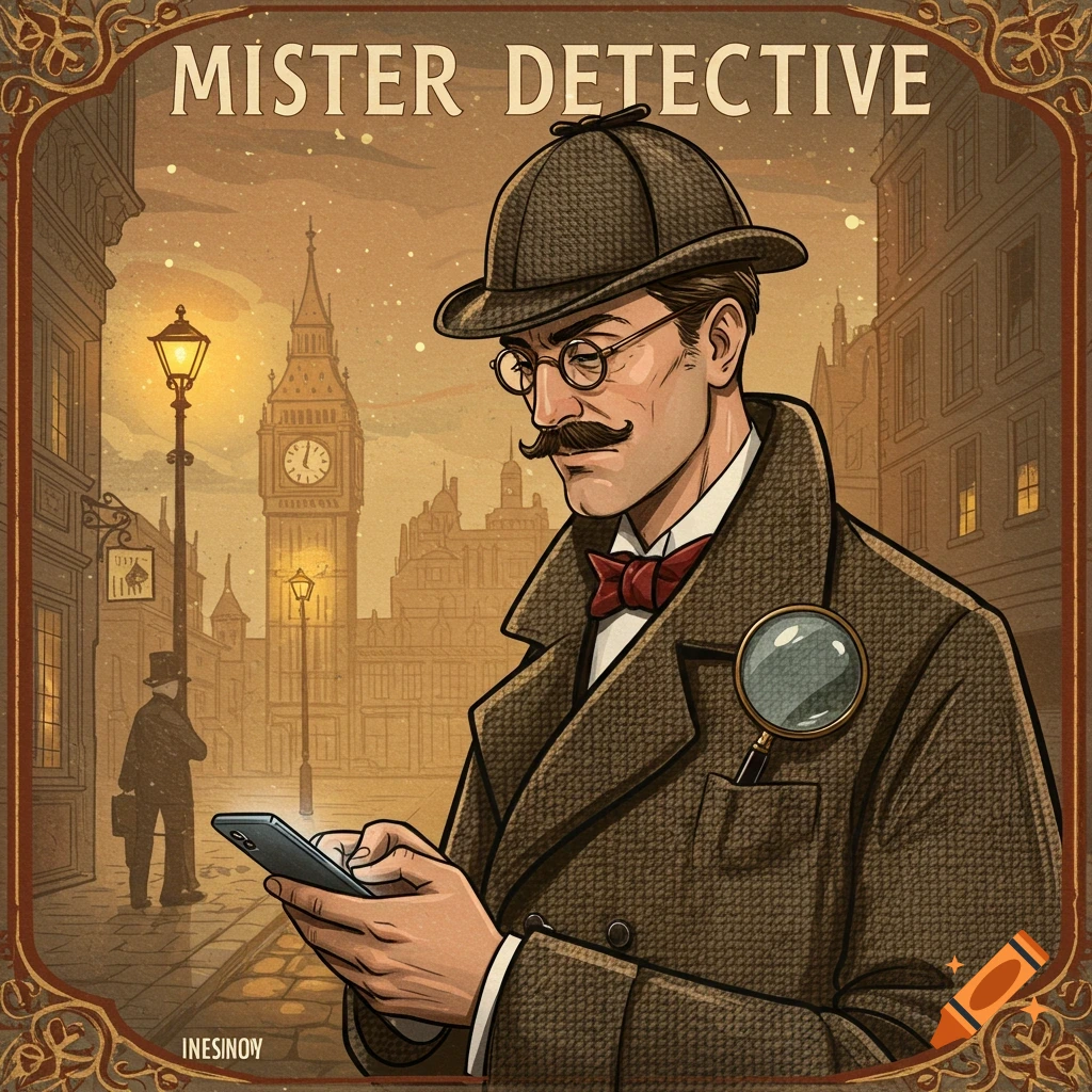 Illustration of a detective in London with a magnifying glass looking at his smartphone, with Big Ben in the background.