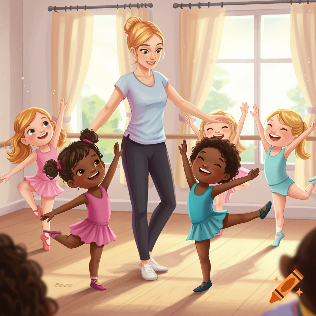 A female teacher guides young children in a ballet class in a sunlit studio. Illustrated style.
