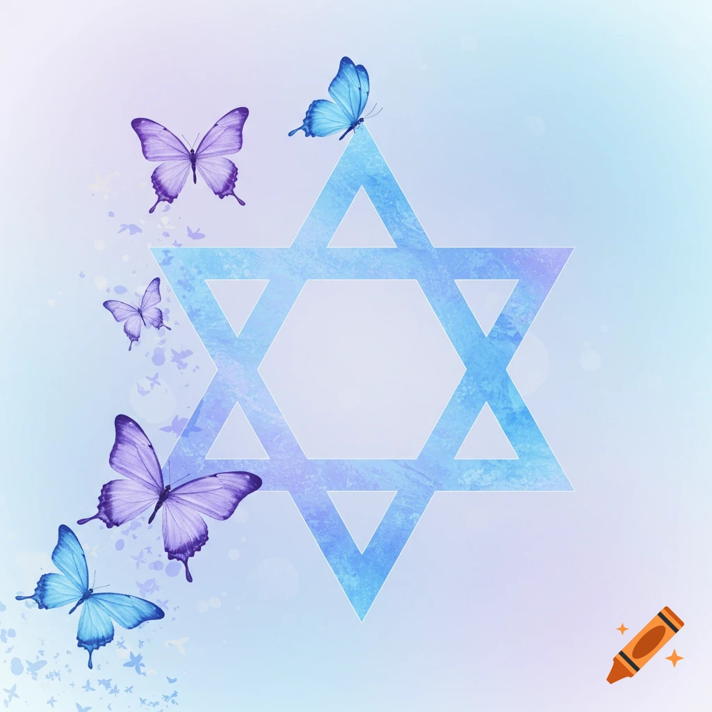 A light blue and purple Star of David with butterflies.
