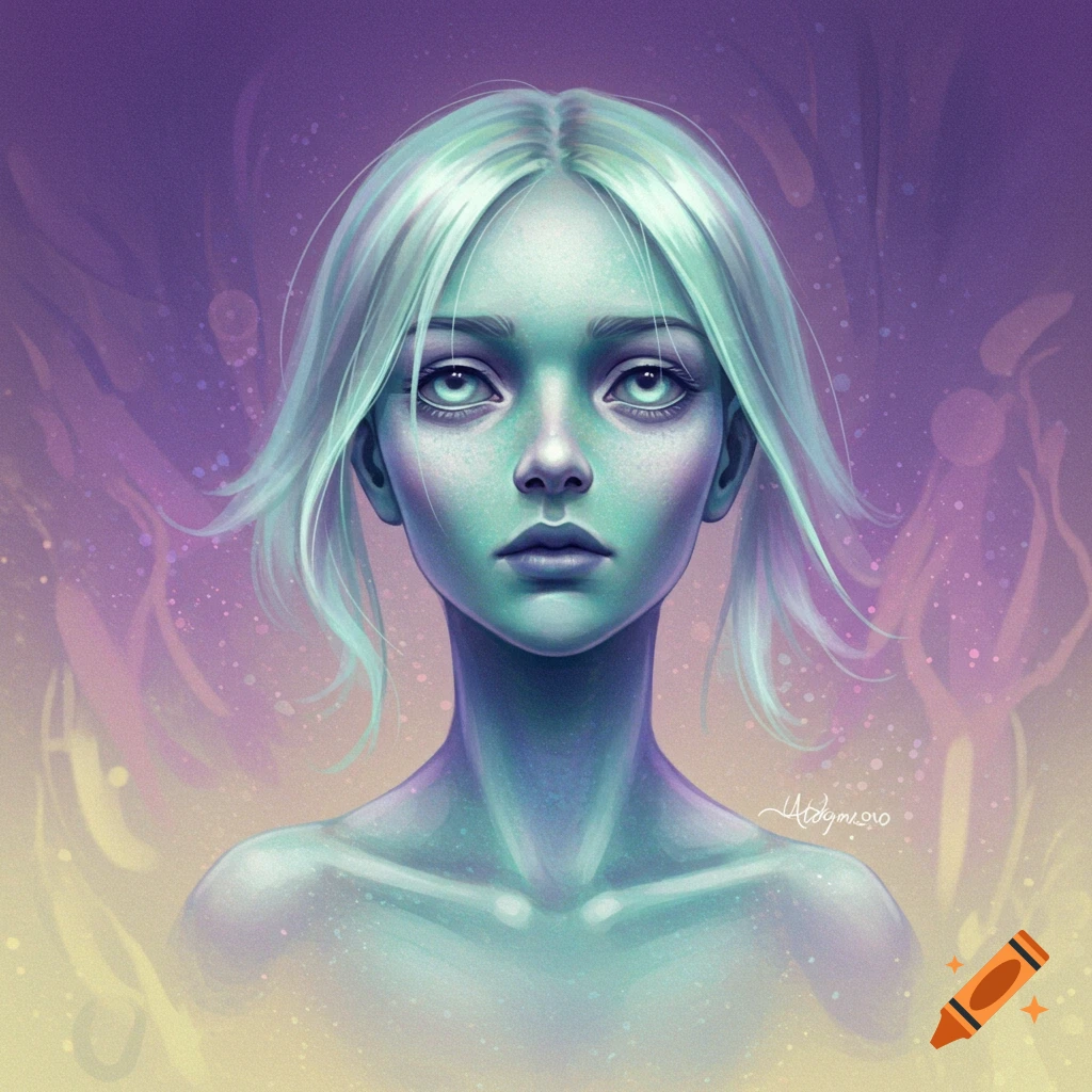 A digital art portrait of a pale ghostly woman with light hair against a swirling purple and yellow background.