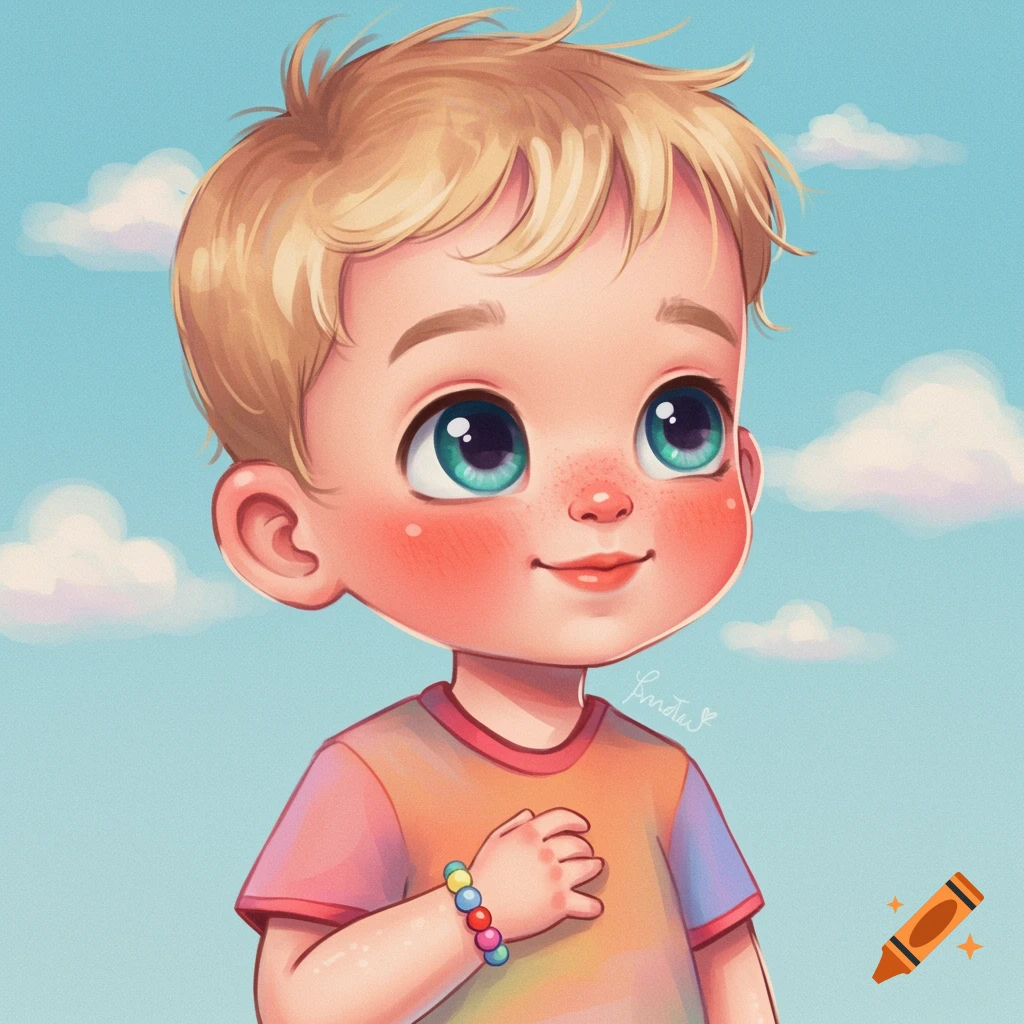 Cartoon drawing of a blonde toddler wearing a bracelet against a cloudy sky.