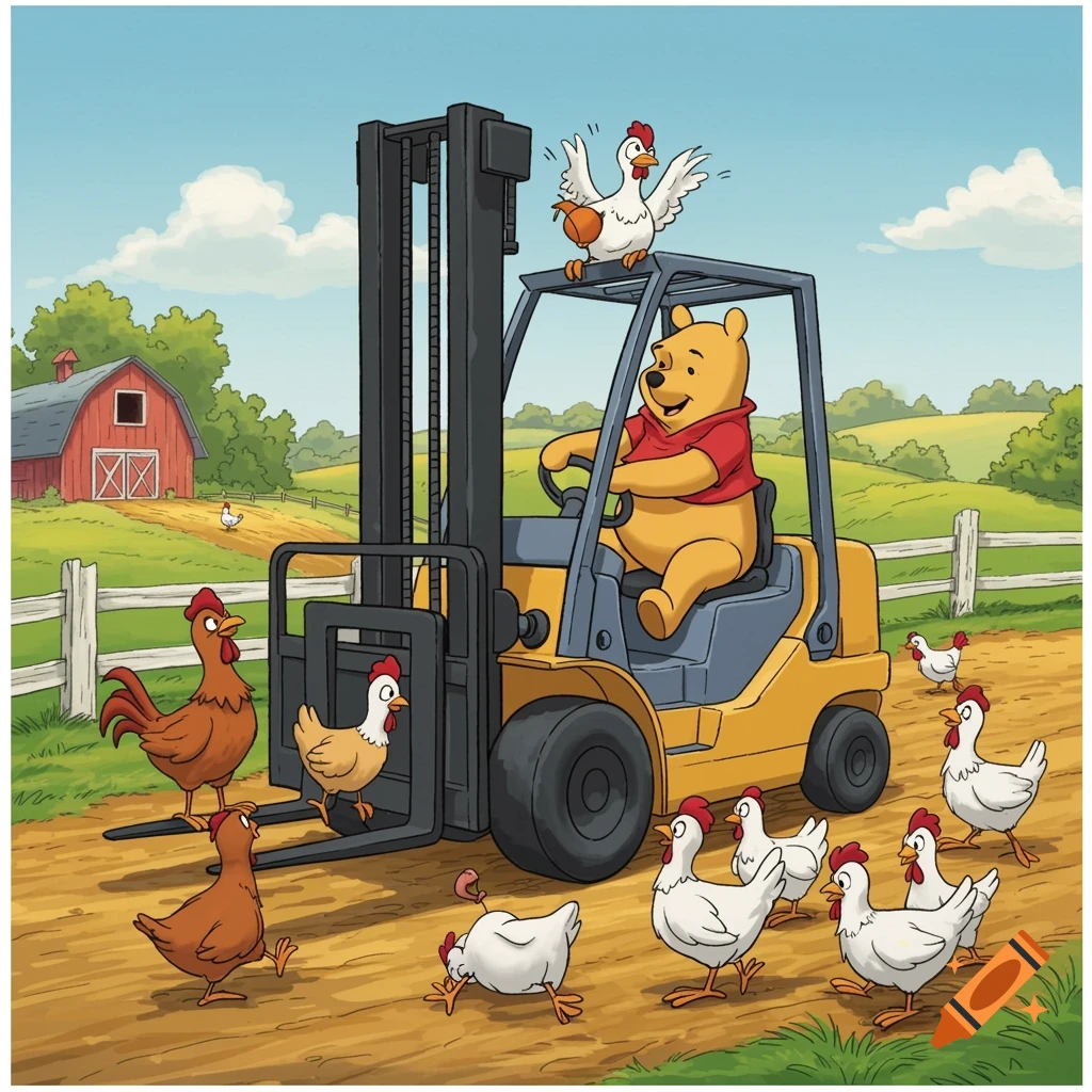 Cartoon of Winnie the Pooh driving a yellow forklift on a farm path with chickens around him.
