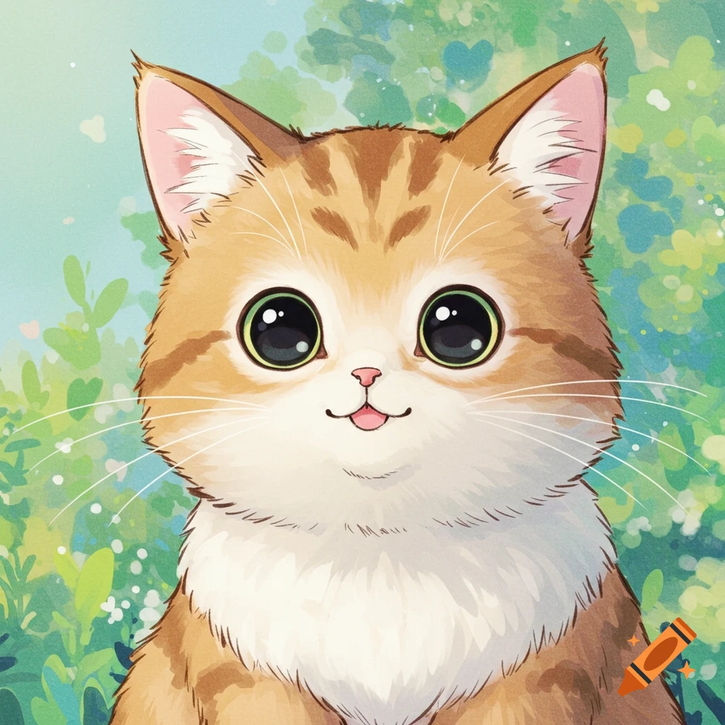 A cute Ghibli style anime cat with big eyes outdoors