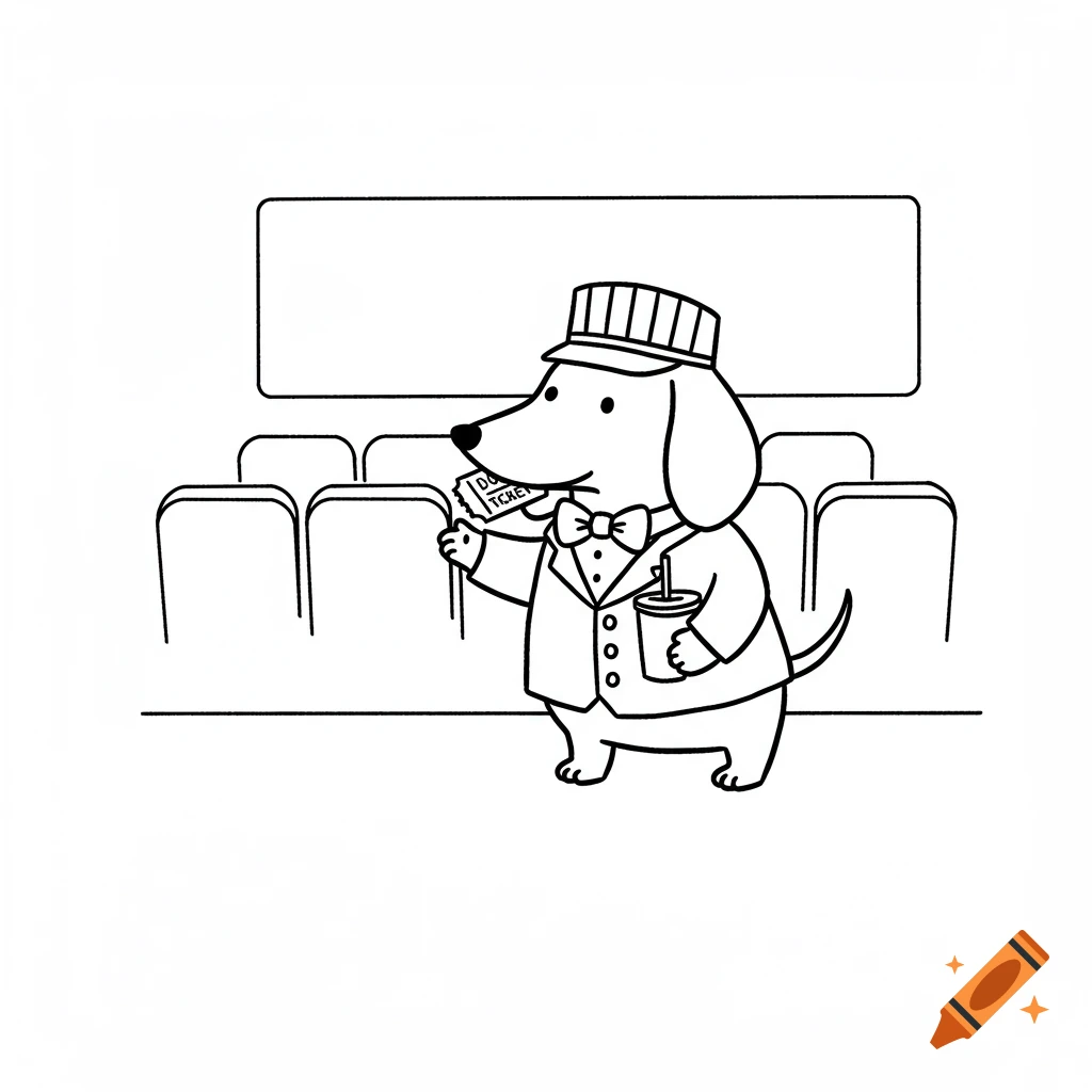 Black and white line drawing of a cartoon dog movie theater usher holding a ticket and drink.