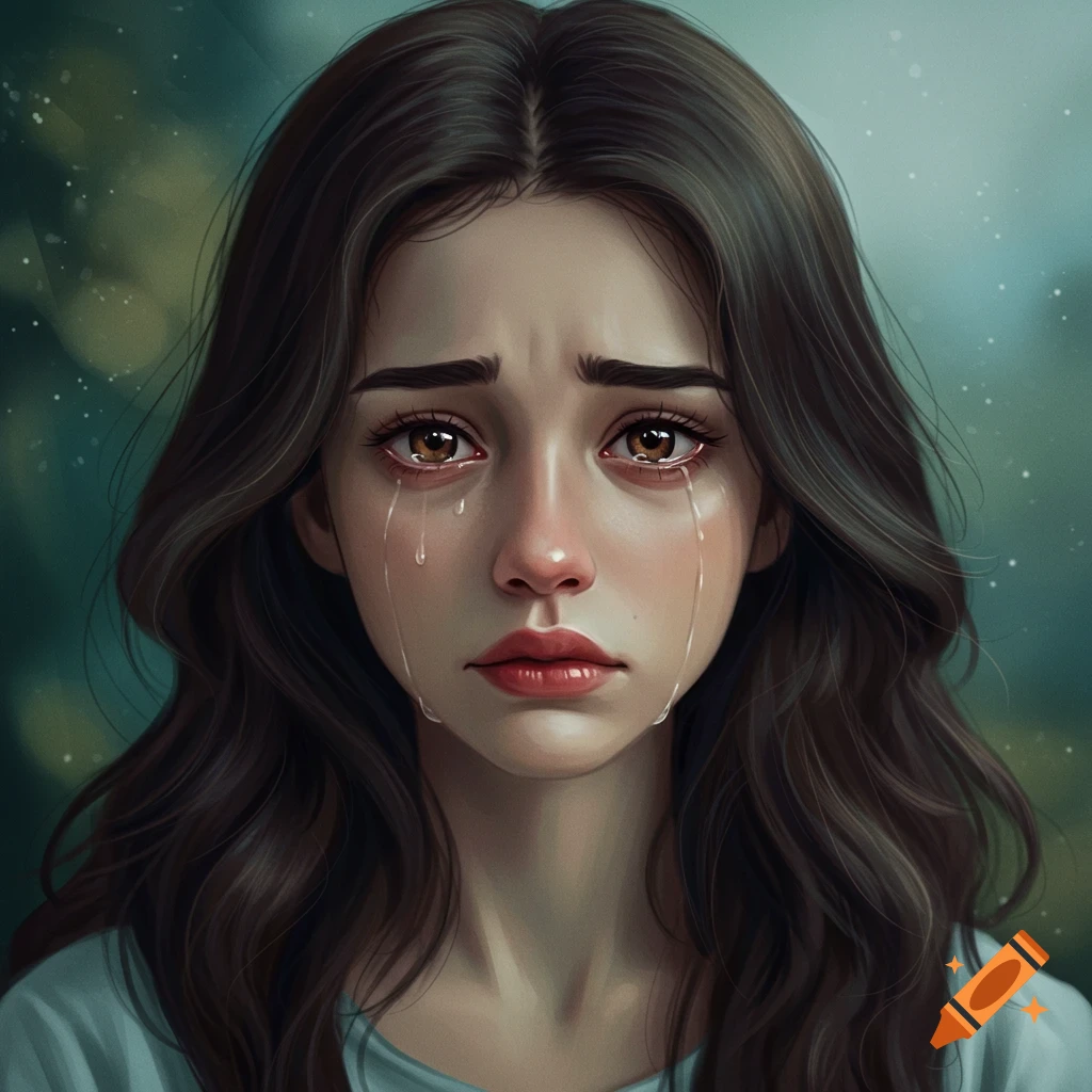 Close-up digital art portrait of a sad brunette girl with tears streaming down her face.