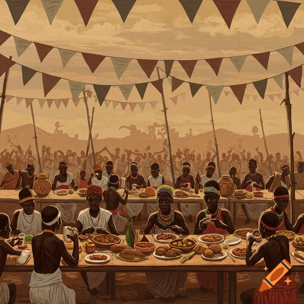 People celebrating and eating at large tables outdoors under banners.