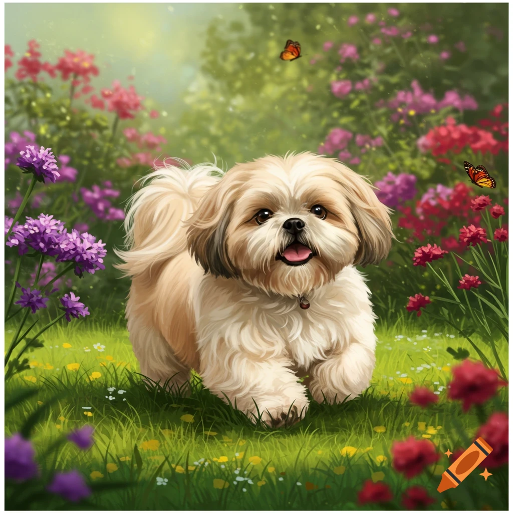 Illustration of a Shih Tzu dog running through a lush garden with flowers and butterflies.