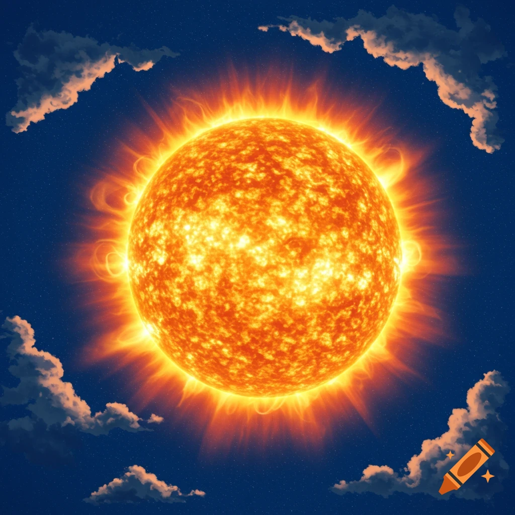 Stylized illustration of the sun surrounded by clouds in a star-filled dark blue sky.