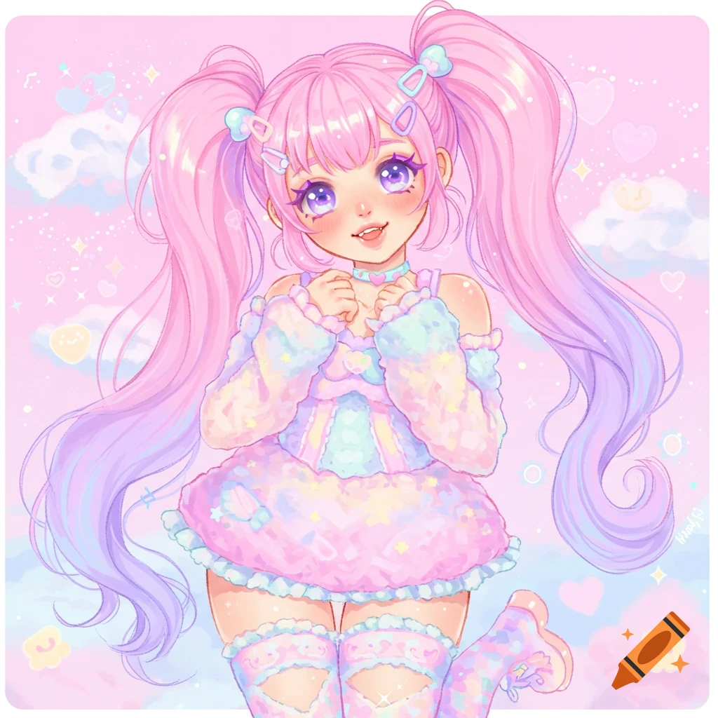 Cute anime girl with pink pigtails in a pastel fluffy outfit, smiling