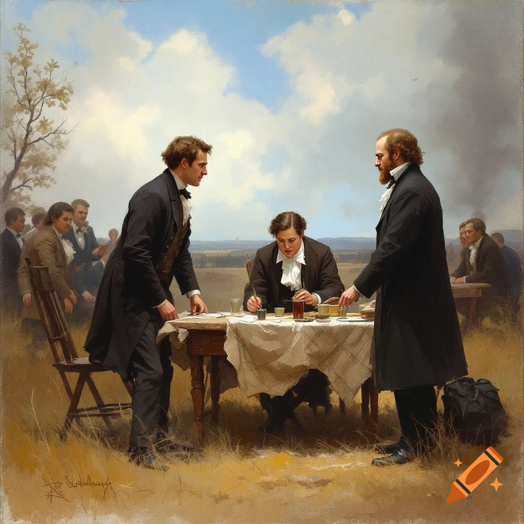 Men in historical dress signing documents at a table outdoors, in an oil painting style.