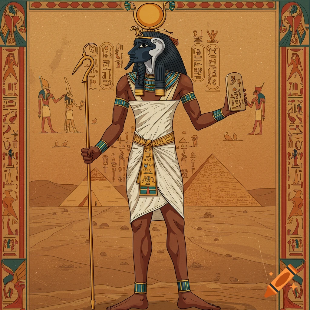 Illustration of the Egyptian god Thoth standing in a desert with pyramids and hieroglyphs.