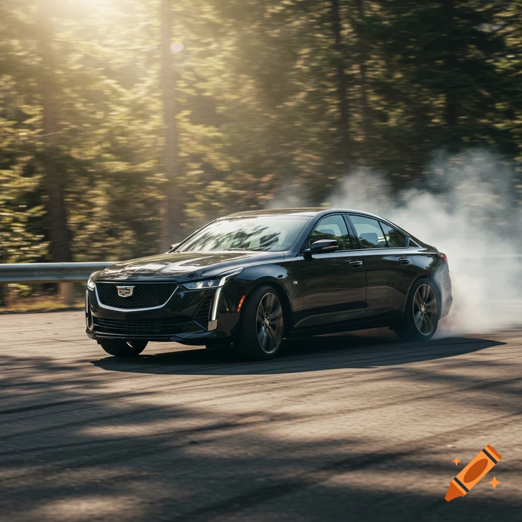 A black Cadillac CT5 sedan drifts on a road, tires smoking, with trees and sunlight in the background. Photorealistic style.