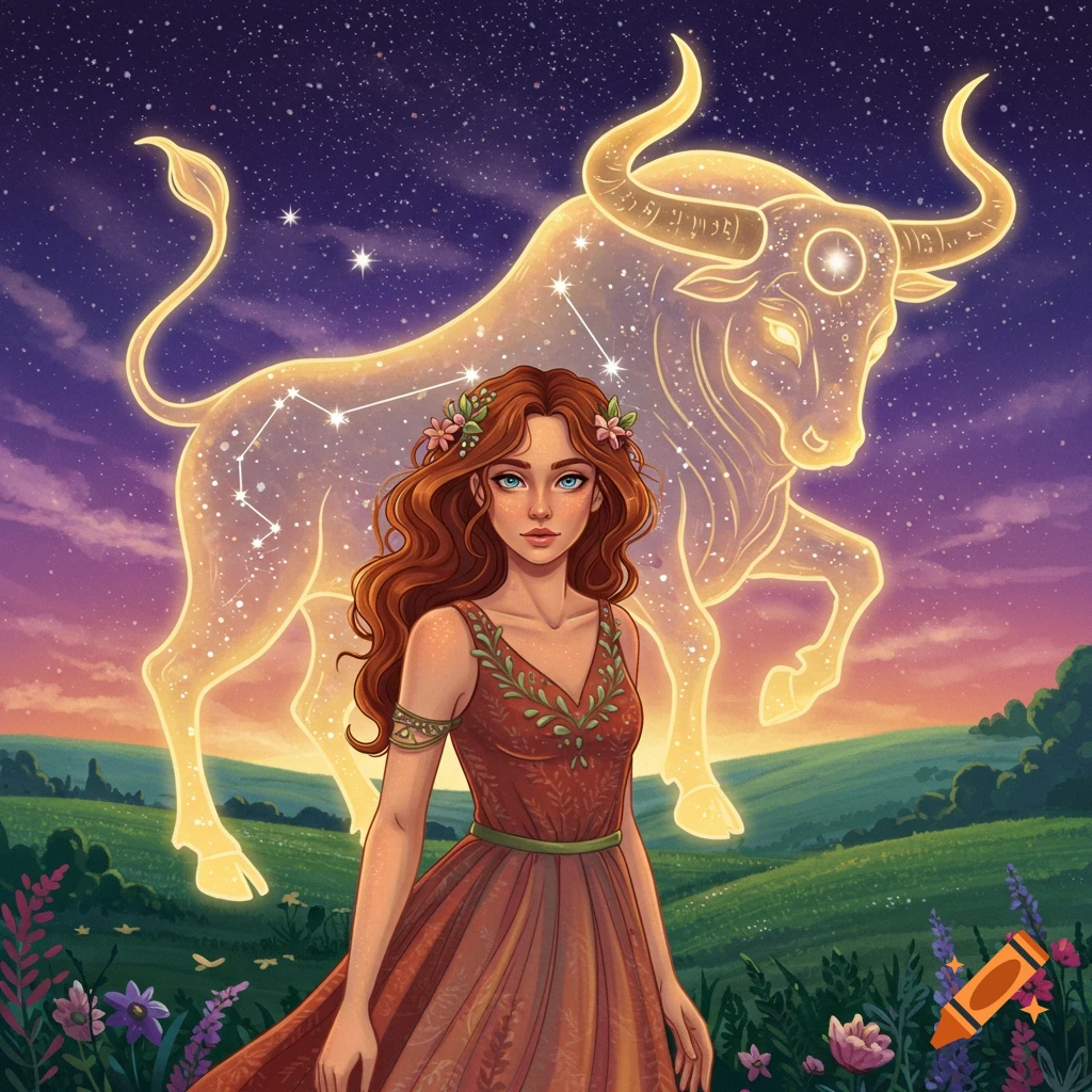 A woman with red hair stands in a field with flowers and a glowing Taurus constellation bull in a fantasy landscape.