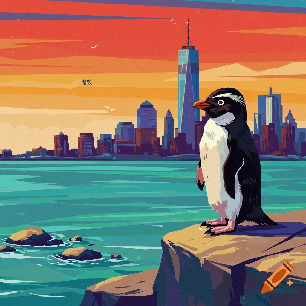 Stylized illustration of a penguin on a rock overlooking a city skyline at sunset with text "10%" in the sky