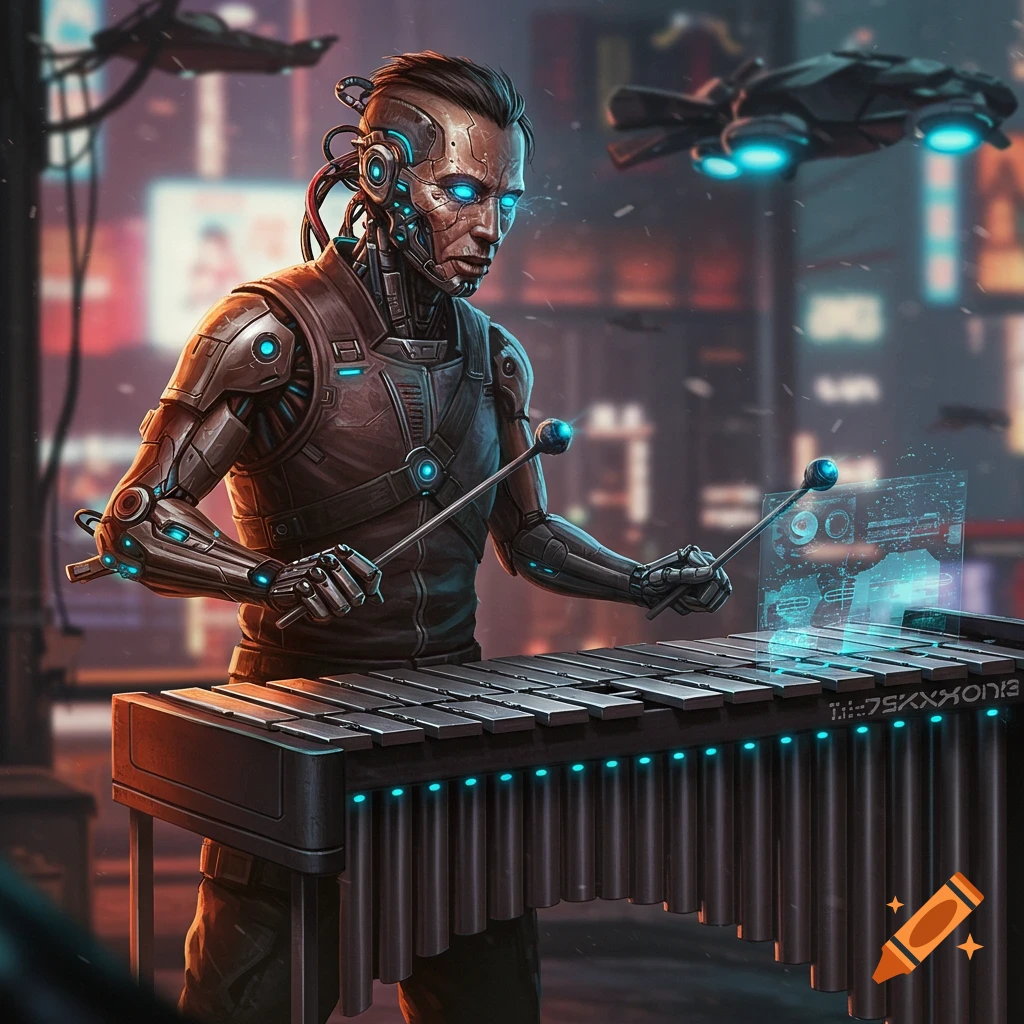Detailed illustration of a cyborg playing a vibraphone in a futuristic city.