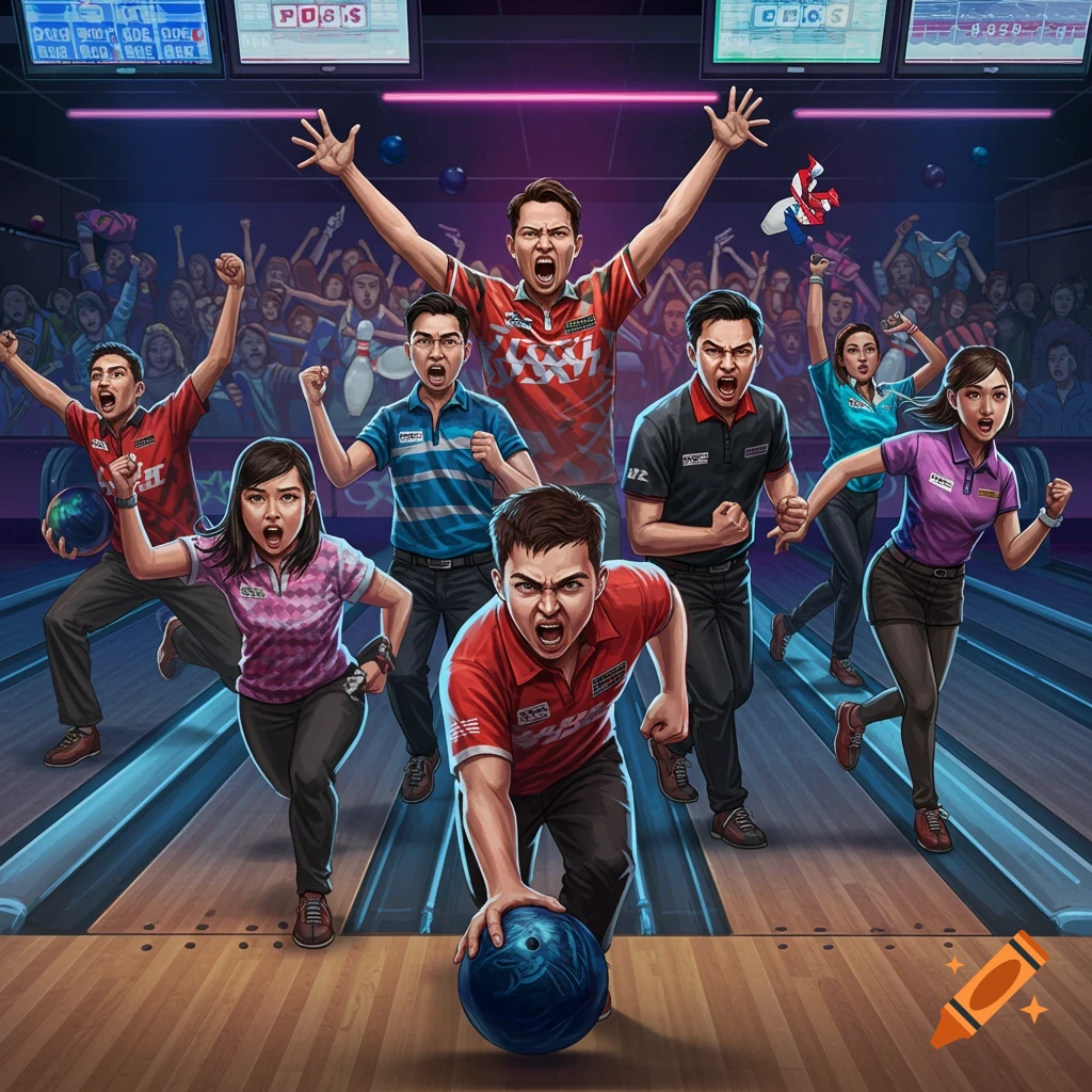 Excited bowlers and spectators at a championship tournament in a bowling alley.