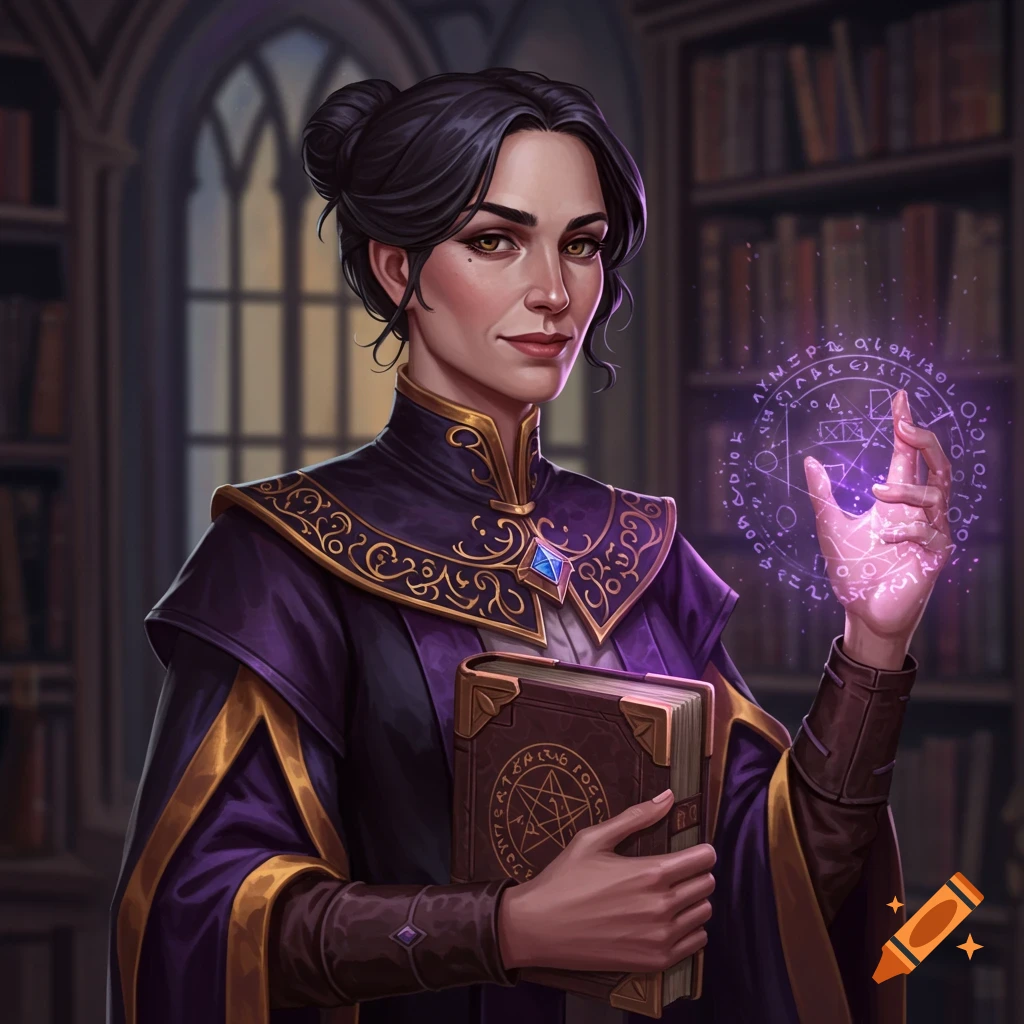 A female magic professor stands in a library, holding a spell book and casting a glowing purple spell with arcane symbols.