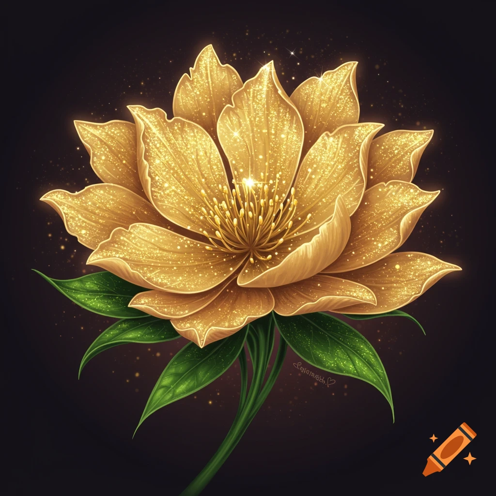 Close-up illustration of a shimmering golden fantasy flower with green leaves and sparkling particles.