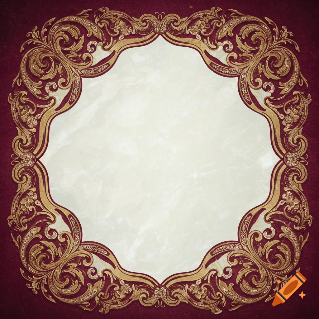An ornate gold and red Victorian border pattern around a creamy white background
