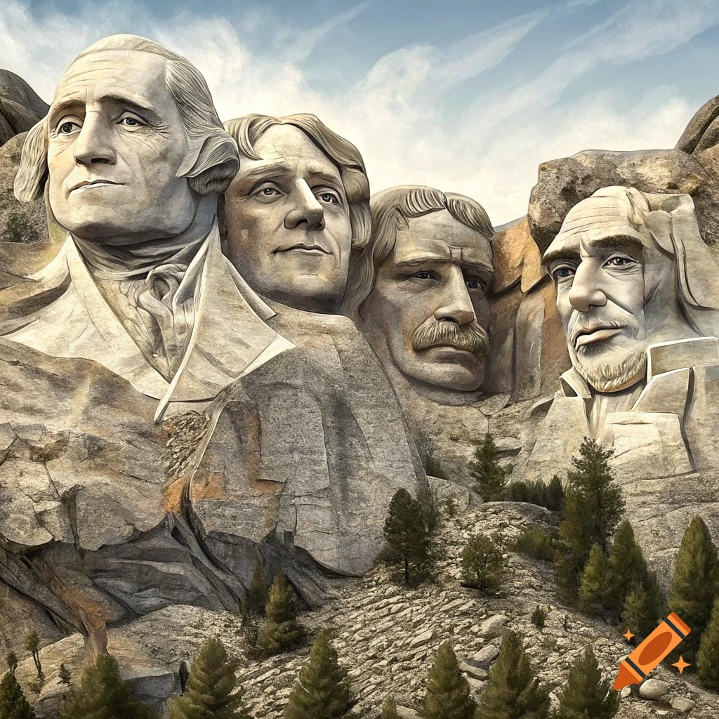 Modified Mount Rushmore sculpture on a mountain with four different faces