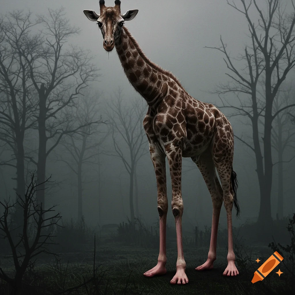 A strange, giraffe-like creature with human feet stands in a dark, foggy forest.